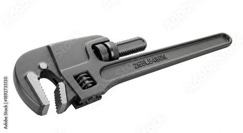 Heavy-duty, vintage matte black cast iron adjustable pipe wrench laid horizontally. macro studio product shot with hard lighting and sharp shadows on a transparent background. concept of engineering