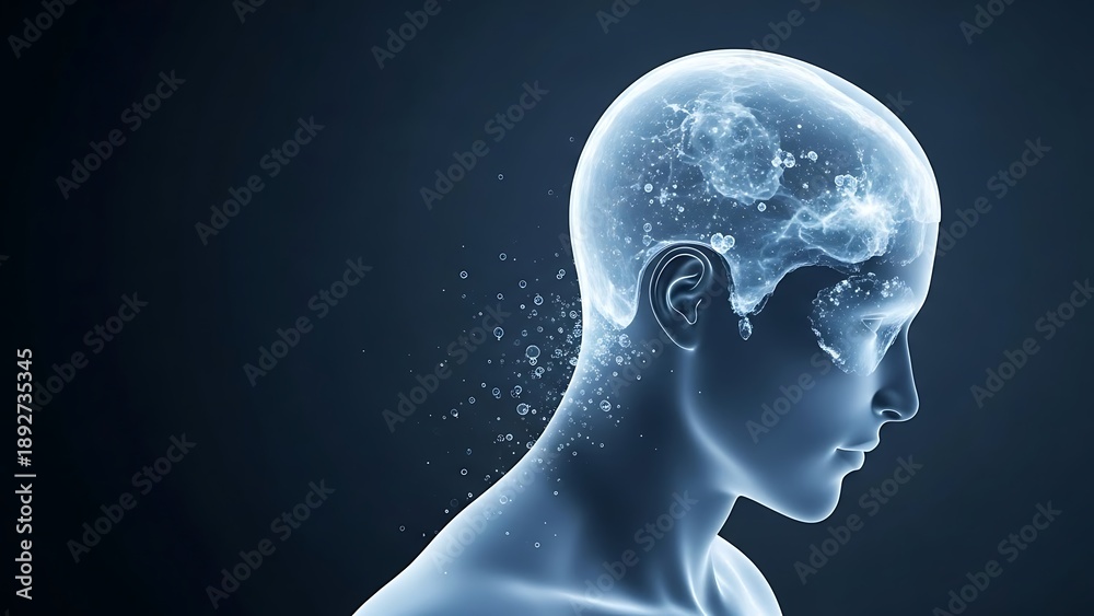 Obraz premium Digital human head with glowing brain.