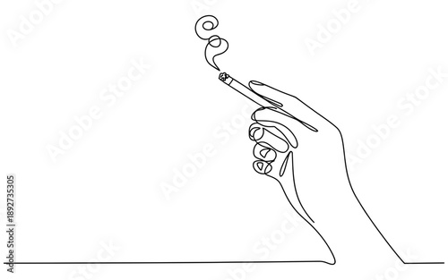 Minimalist continuous line art depicting a hand gracefully holding a smoking cigarette