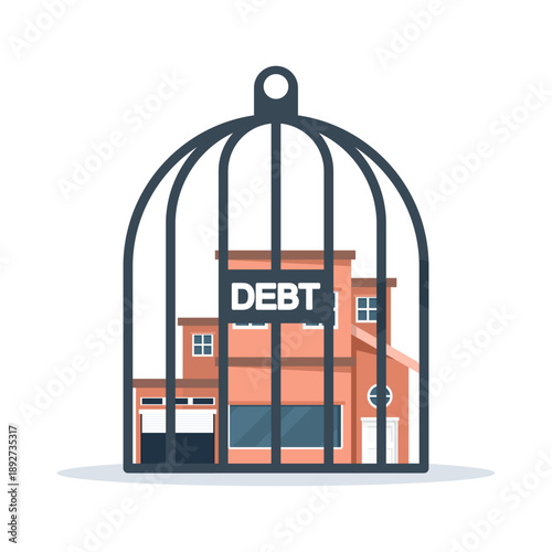 Property debt icon with house in locked cage. Creative vector illustration for mortgage crisis, real estate loan issues, and financial stress concept.
