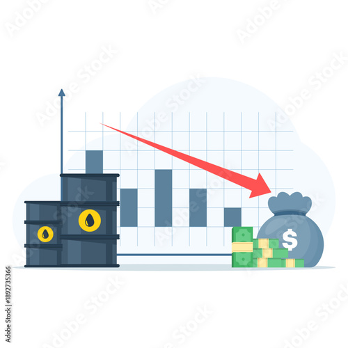 Oil price drop icon with barrel, cash, and falling graph. Creative vector illustration for energy market decline and financial crisis concept.
