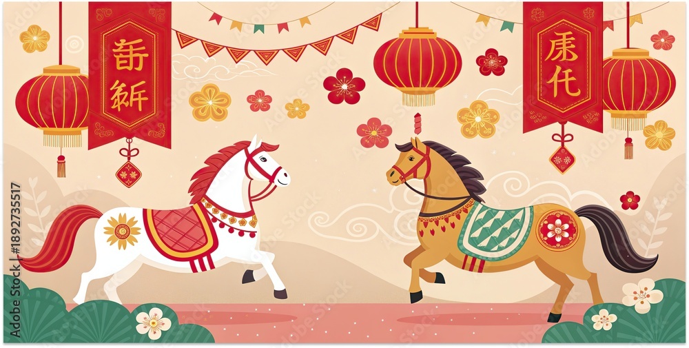 Naklejka premium Chinese New Year horse illustration with lanterns flowers and festive ornaments.