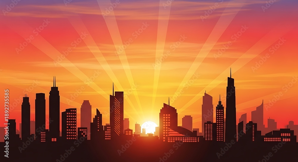 Fototapeta premium Vibrant City Skyline Silhouette at Sunrise with Radiant Sky.