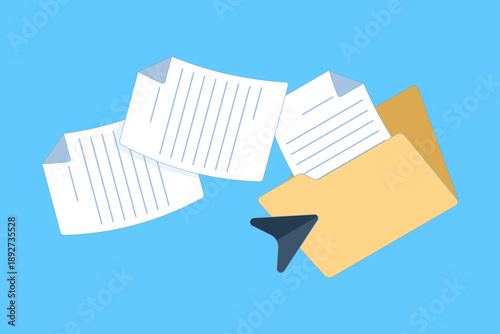 Open folder icon with papers inside, flat vector design. Creative illustration for file storage, document management, office workflow, and digital organization graphics.