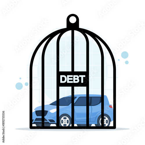 Auto loan debt vector icon showing a car trapped inside a locked cage. Financial hardship concept for vehicle financing issues, money pressure, and economic risk visuals.