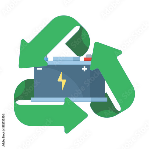 Vector illustration of recycled car batteries representing WEEE disposal and waste management. Clean design highlighting zero waste, environmental protection, and recycling awareness.