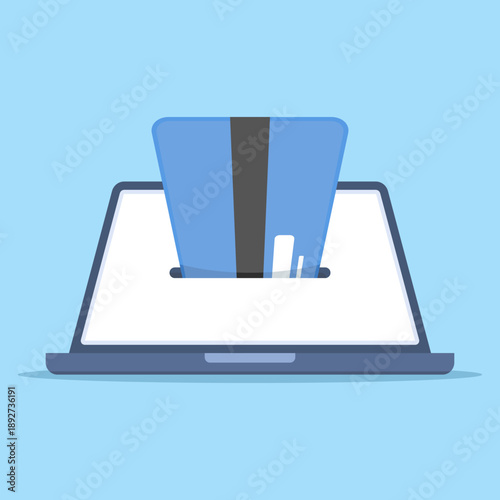 Online shopping icon with laptop and bank card. Creative vector illustration for e-commerce platform, digital payments, and web transaction concept.