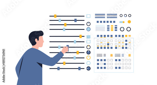 Man adjusting audio mixing board with colorful sliders and buttons for sound engineering