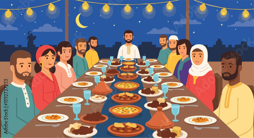 Vibrant community gathers for a festive Iftar meal, celebrating togetherness and shared blessings as part of careful Ramadan preparations, fostering cultural harmony
