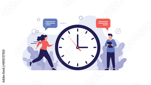 Concept of time management and deadline is illustrated with a large clock between a running woman and a man holding a digital tablet for work.