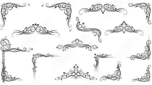 Elegant collection of black ornamental corners and floral dividers features intricate scrolls and leafy patterns for classic border design elements.