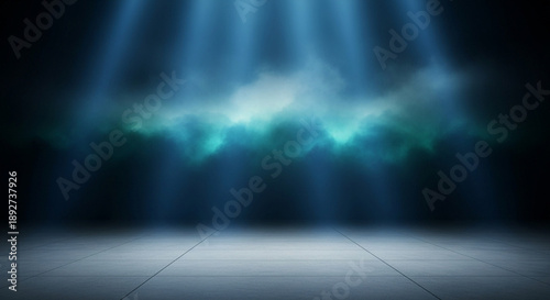 Futuristic blue stage background with dramatic spotlights, layered fog and empty space, suitable for technology themes, events, presentations, posters and modern digital branding.