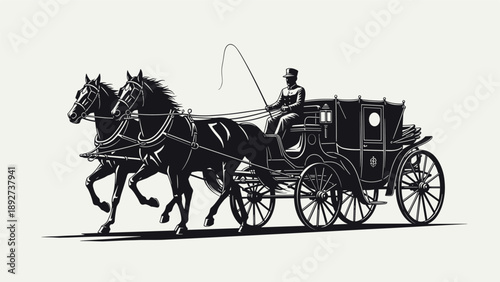 Classic black and white silhouette illustration of a traditional two-horse drawn carriage with a driver, conveying a sense of historic transportation.