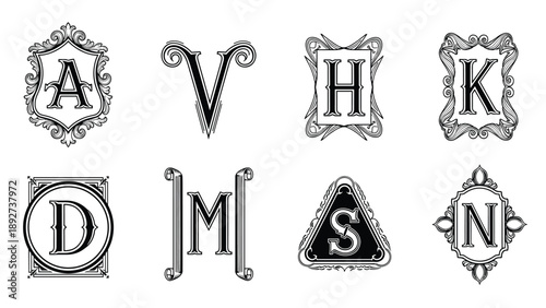 Elegant collection of eight black and white vintage monograms features ornate frames around letters like A, V, H, K, D, M, S, and N for luxury branding.