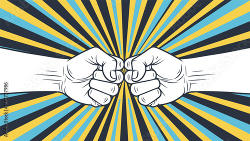 Powerful fist bump illustration is set against a vibrant yellow and blue sunburst background, symbolizing agreement, success, and teamwork.