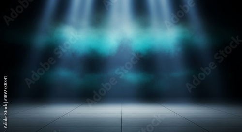 Futuristic blue stage background with dramatic spotlights, layered fog and empty space, suitable for technology themes, events, presentations, posters and modern digital branding.