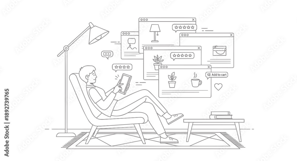 Obraz premium Man relaxing in chair with tablet and floating digital icons and apps around him