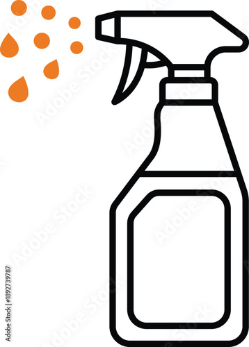 Orange liquid droplets spraying from a black outline spray bottle cleaning