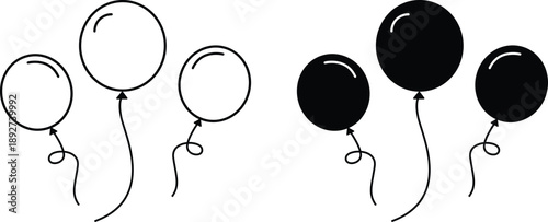 Floating balloons with curly strings vector illustration, Birthday and celebration decoration, party balloons, festival and kids party design, hand-drawn or flat style icon.