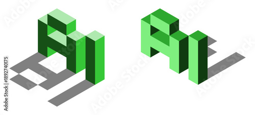 Artificial Intelligence AI Futuristic Technology 3D Style Voxel Art Text Design Green Icon Set with Shadow Effect in Isometric Perspective View. Vector Image.