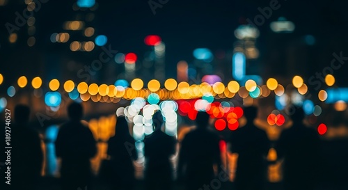 A group of people silhouetted against vibrant urban bokeh lights at night.