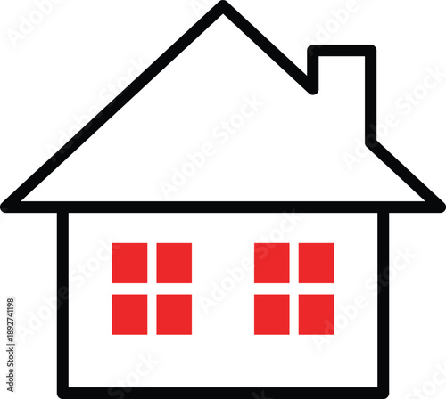 Simple black outline house with red square windows home building