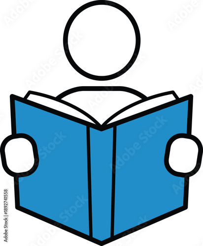 Stylized figure reading an open blue book with black outline open book