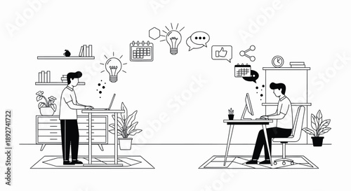 Two businessmen working remotely in office with laptops and ideas floating