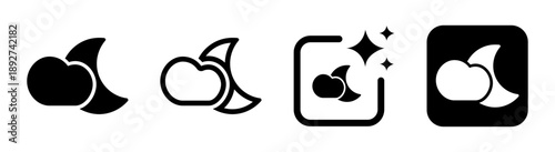 Cloudy with half moon behind icon representing a partly cloudy night for weather forecasting apps sleep mode and do not disturb status in black vector illustration