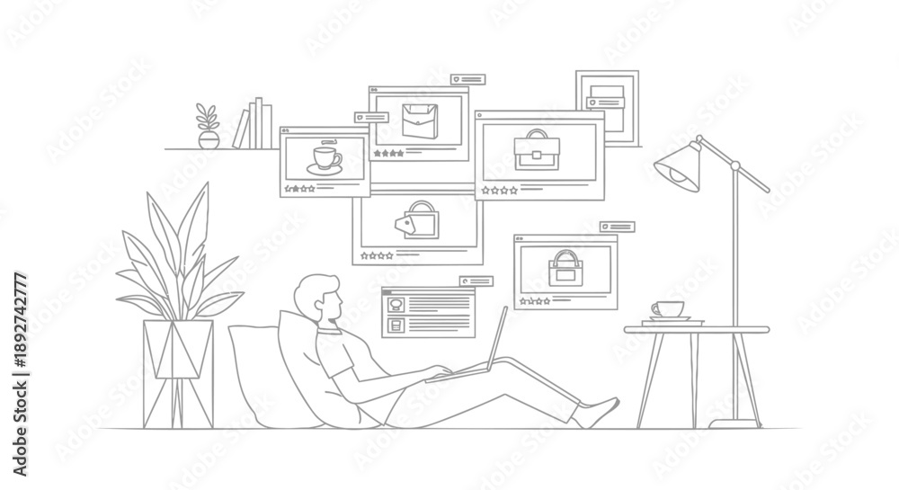 Obraz premium Man sitting on chair working on laptop with multiple screens and devices around him in modern home office