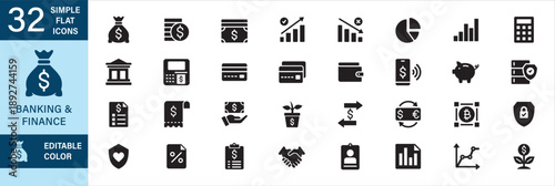 Finance and banking icon set in flat simple design. Contains icon symbol of bank, atm, credit, debit, card, mobile banking, piggy bank, safe box, loan, investment, tax, insurance, transfer, report.