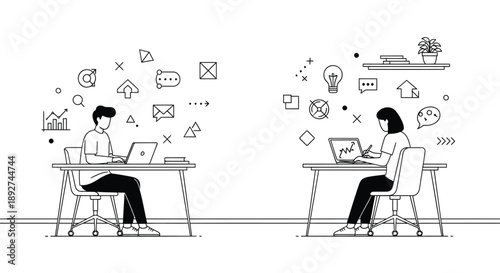 Remote workers collaborate on laptops with floating icons representing communication and ideas