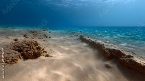 Underwater view of a serene sandy seabed with sunlight filtering through clear blue ocean water