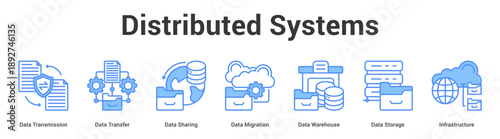 Distributed Systems web banner icon set vector illustration concept for business with icon of Data Transmission, Data Transfer, Data Sharing, Data Migration, Data Warehouse, D.