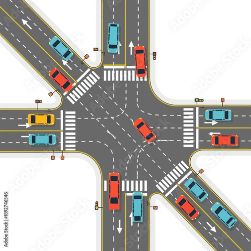 Busy Intersection: Cars Navigate Crossroads with Traffic Lights and Crosswalks