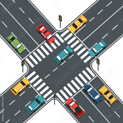 Busy Crossroads Intersection with Cars and Traffic Lights, Isometric View