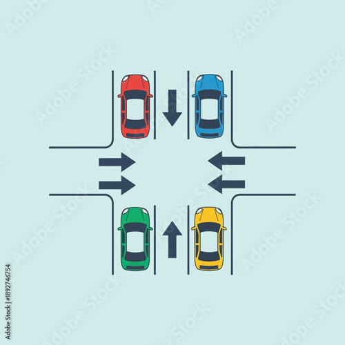 Top view of cars at intersection, traffic flow, navigation, and urban transport concept