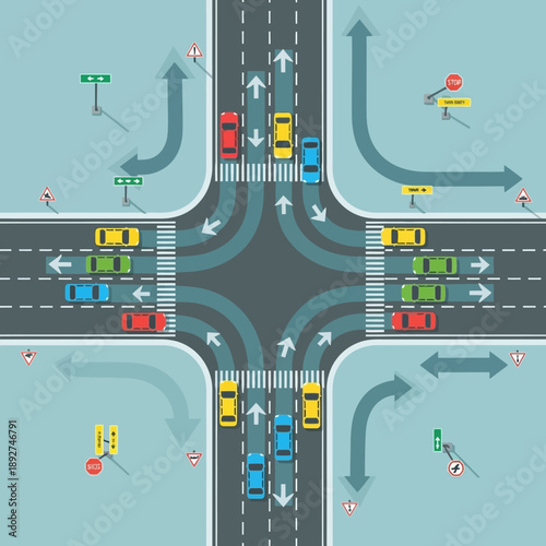 Busy Intersection Traffic Flow - Cars Driving Through Crossroads