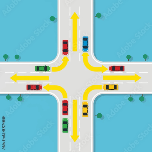 Busy Crossroads Intersection with Traffic Flow Arrows and Cars