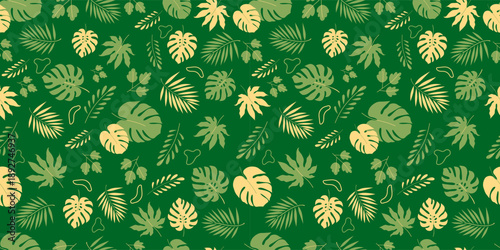 Tropical leaf seamless pattern with monstera and palm fronds background