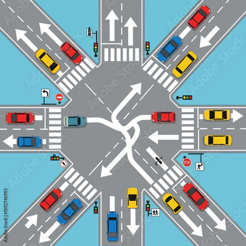 Busy Traffic Intersection with Cars and Traffic Lights, Aerial View