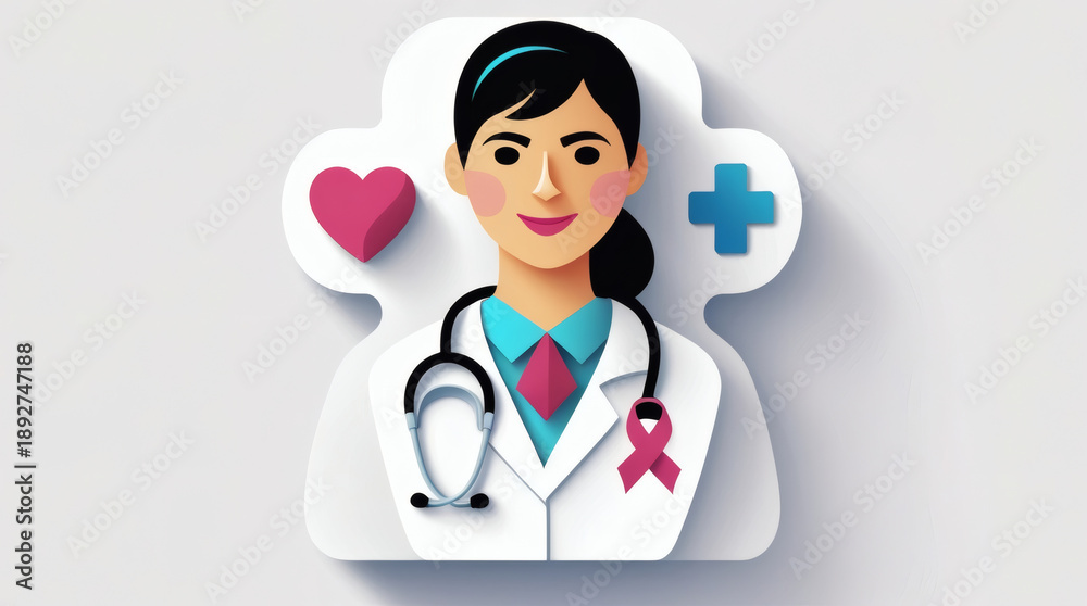 Fototapeta premium Empathetic female doctor icon symbolizing dedicated healthcare, compassionate medical support, and vital breast cancer awareness for women's health