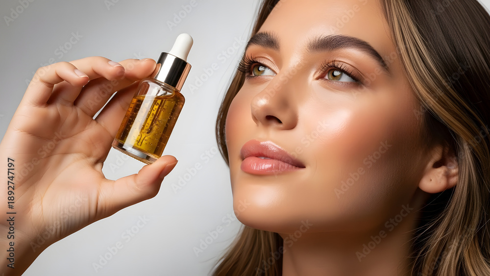 Fototapeta premium Young woman holding a bottle of facial serum or oil.