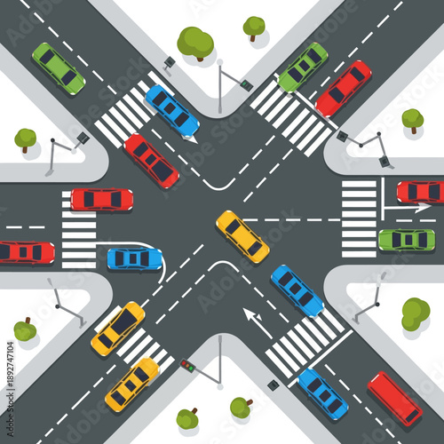 Busy Traffic Intersection with Cars, Pedestrian Crossings, and Traffic Signals