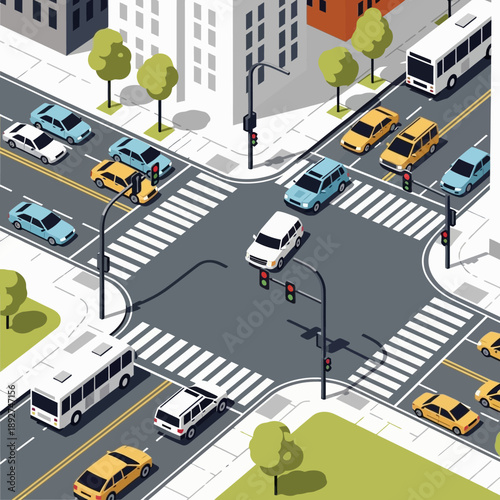 Busy City Intersection with Traffic Flow, Cars, Buses, and Pedestrian Crosswalks