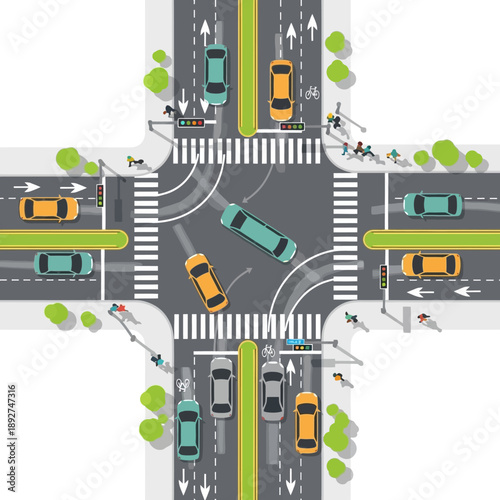 Busy City Intersection With Traffic Flow, Cars, Pedestrians, And Bicycles