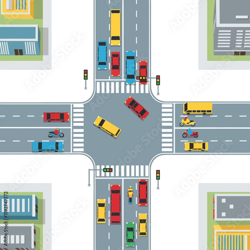 Busy City Intersection with Traffic and Crosswalks - Top View