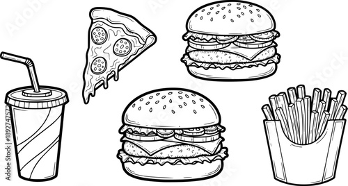 Doodle fast food icons featuring pizza, burgers, and soda
