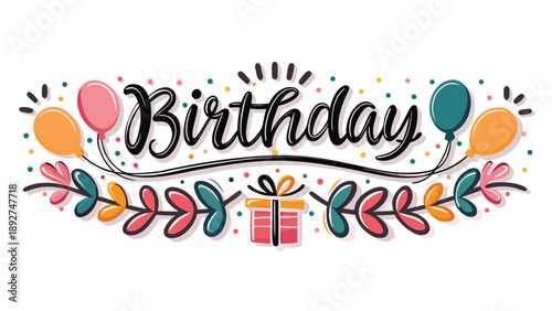 Vibrant birthday design with colorful balloons and gift on white background for celebration