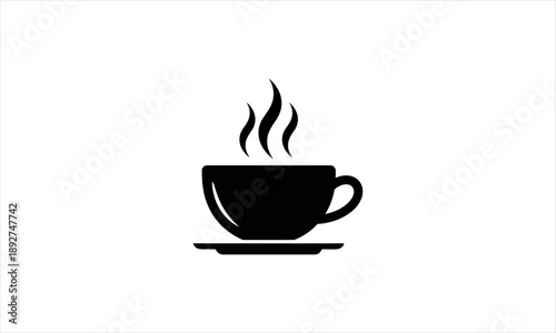 Black silhouette of a steaming cup of coffee on a saucer, representing a beverage